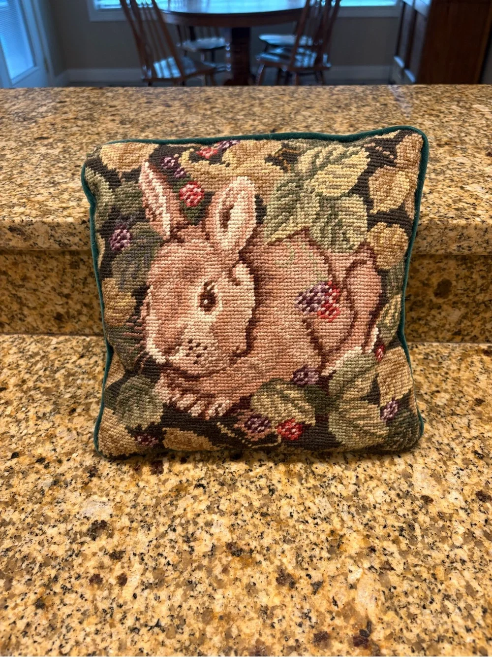 Vintage Needlepoint Bunny Throw Pillow appx 10” Rabbit Cottagecore Farmhouse